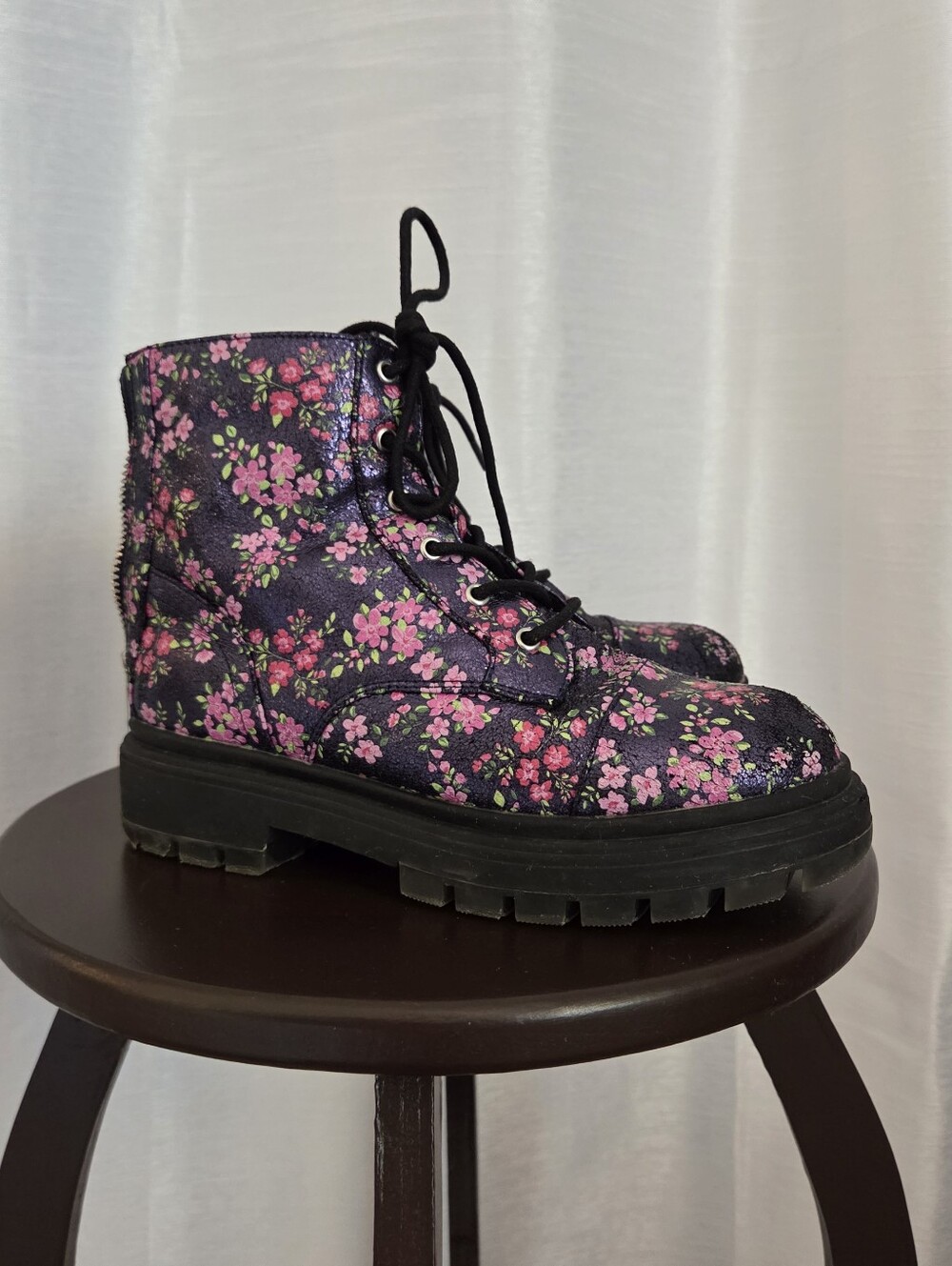 Nina Girls' Floral Lace-Up/Zip-Up Combat Boots - Black/Pink